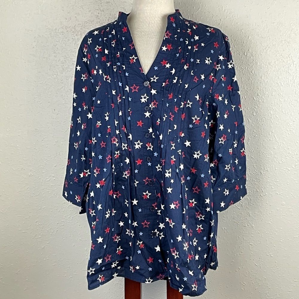 EUC Scandinavian Woods Womens Red/White/Blue Star 3/4 Sleeve Button Down Top L